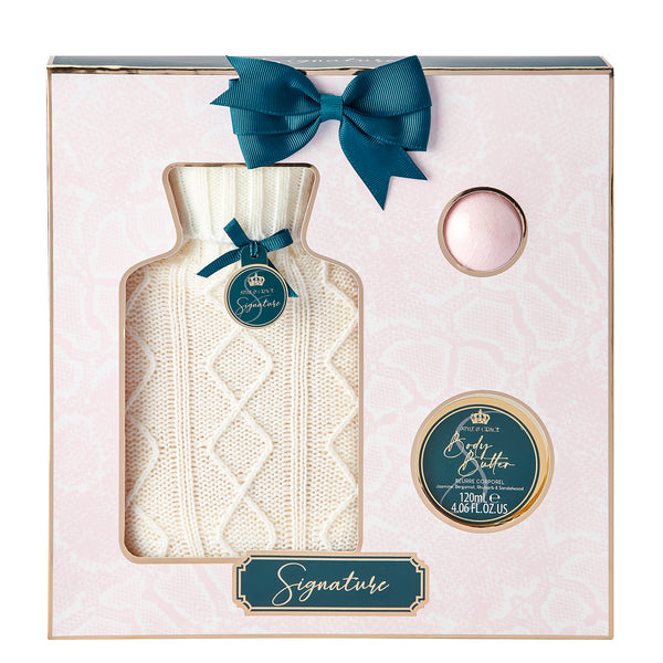 Style & Grace Signature Hot Water Bottle Home Comfort Bath Gift Set - 3 Pieces (This bath set contains: 1 x 120ml Body Butter 1 x 50g Bath Fizzer 1 x Hot Water Bottle & Cover) - Angelify Beauty