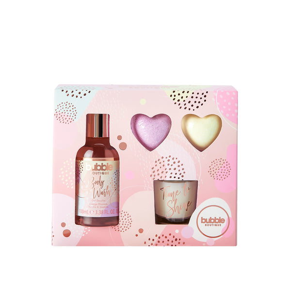 Style & Grace Bubble Boutique Relax and Bathe Gift Set 100ml Body Wash + 2 x 20g Heart Bath Fizzer + 30g Candle + Votive - Angelify Beauty